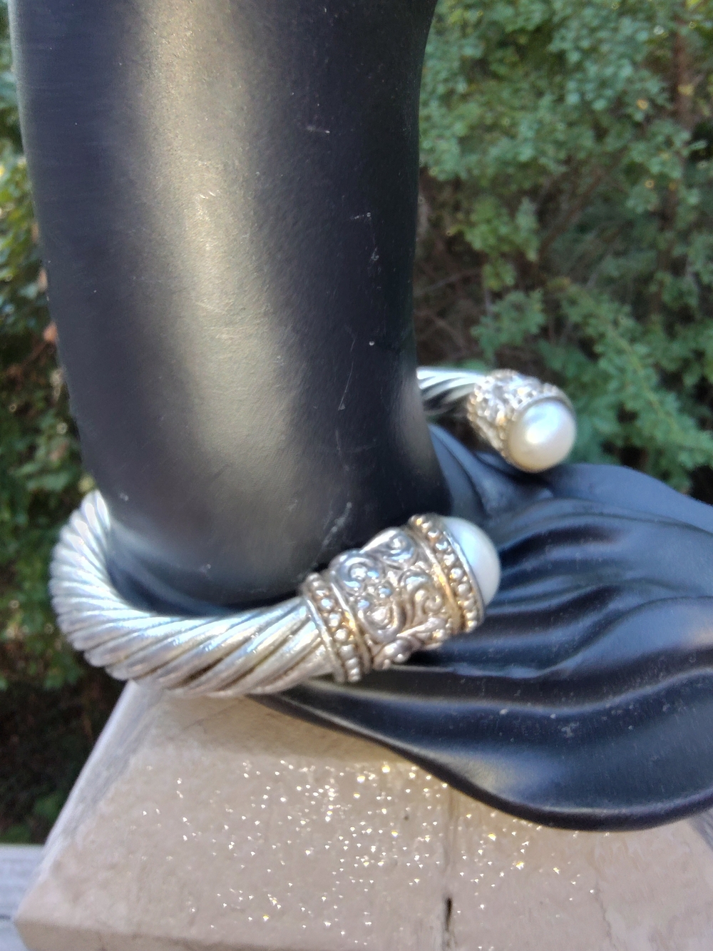 Ala David Yurman Style Silver-Tone Cable Cuff Bracelet with Pearl End Caps